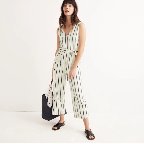 Madewell Pants - Madewell Striped Pull On Wide leg Cropped Linen/Cotton  Jumpsuit Woman’s Small